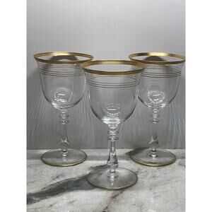 3 Glastonbury Lotus Gold Band Wine Water Goblets Glasses 6.75" Tall Blown Glass